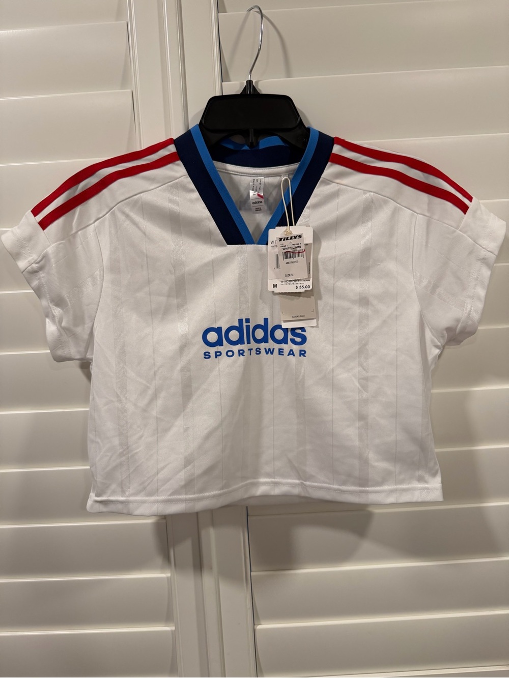 adidas White Crop Sports Top with Blue Logo and Red Shoulder Stripes